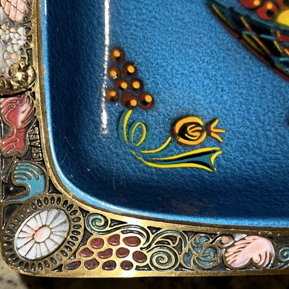 Vintage BRASS ENAMELED FOOTED Tray - Picture 6 of 11